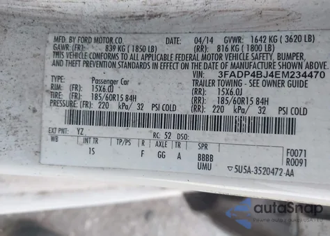 2014 Ford Fiesta Se z USA, uszkodzony, nr VIN 3FADP4BJ4EM234470